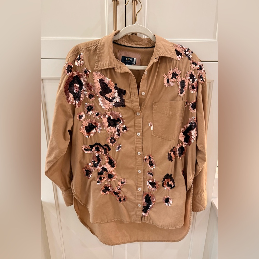 Maeve Anthropologie Brown Sequin Embellished Shirt